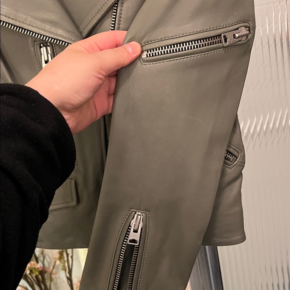 ALL SAINTS Darnley Slim Fit Biker olive/Sage green 100% Lamb Leather Jacket- 6 - Picture 15 of 16